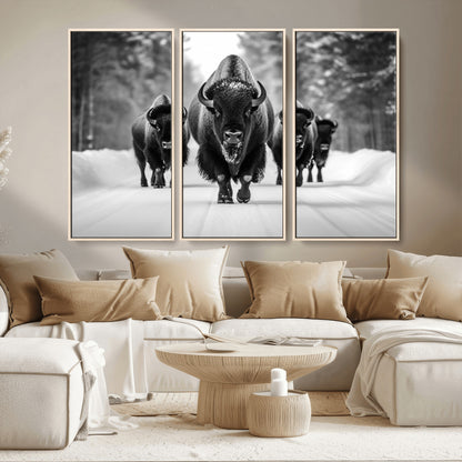 45287-MGV-CV-36X24-Bison Herd Wall Art – Black and White Buffalo Snow Road Canvas Print, Rustic Wildlife Decor for Cabin, Lodge or Living Room