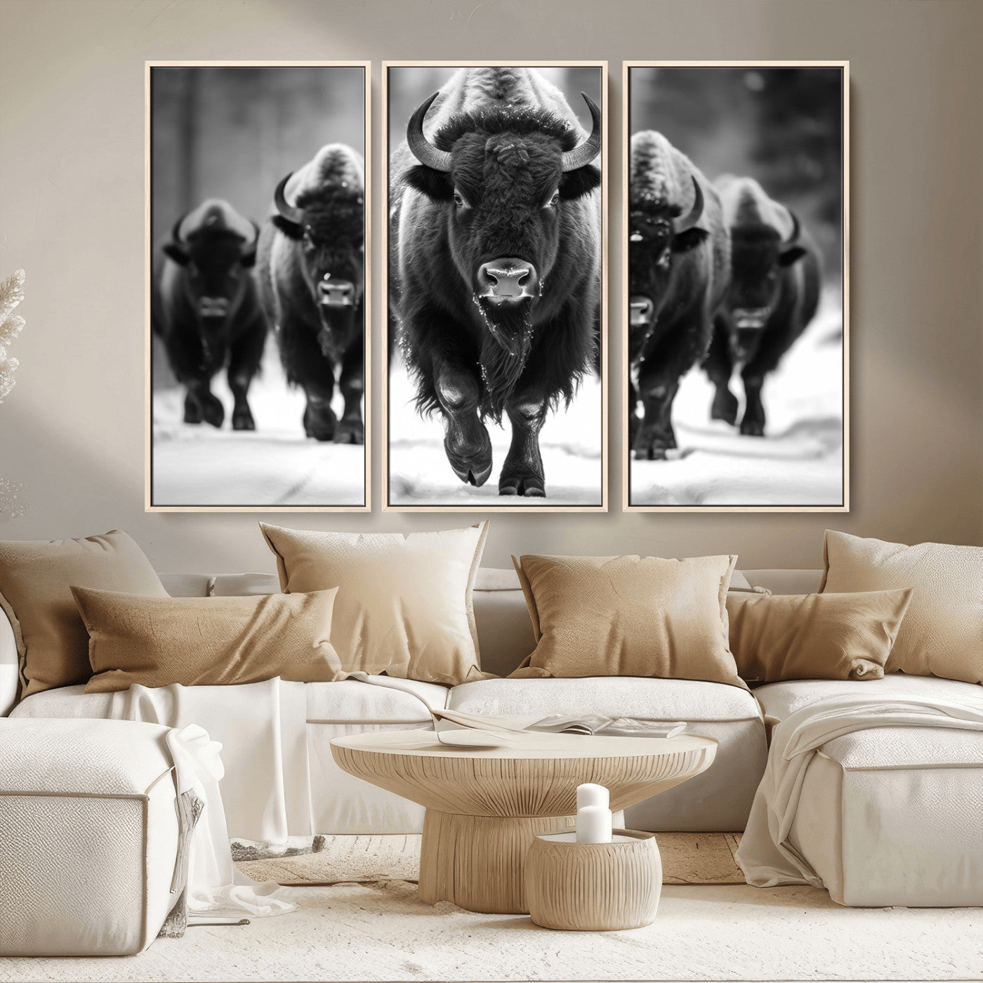 79872-MGV-CV-36X24-Bison Herd Wall Art – Black and White Buffalo on Snow Canvas Print, Rustic Wildlife Decor for Lodge, Cabin, or Living Room
