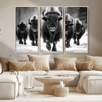 79872-MGV-CV-36X24-Bison Herd Wall Art – Black and White Buffalo on Snow Canvas Print, Rustic Wildlife Decor for Lodge, Cabin, or Living Room