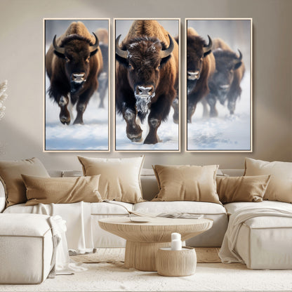 80512-MGV-CV-36X24-Bison Herd Wall Art – Buffalo Running in Snow Canvas Print, Rustic Wildlife Photography Decor for Cabin, Lodge, or Living Room