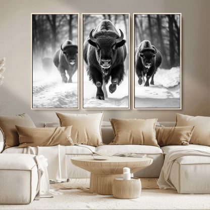 97552-MGV-CV-36X24-Black and White Bison Wall Art – Buffalo Herd Running in Snow Canvas Print, Rustic Wildlife Photography Decor for Cabin, Lodge, or