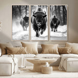 97552-MGV-CV-36X24-Black and White Bison Wall Art – Buffalo Herd Running in Snow Canvas Print, Rustic Wildlife Photography Decor for Cabin, Lodge, or