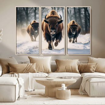 56549-MGV-CV-36X24-Wild Bison Wall Art – Majestic Buffalo Herd Running in Snow Canvas Print, Rustic Wildlife Photography Decor for Cabin, Lodge, or