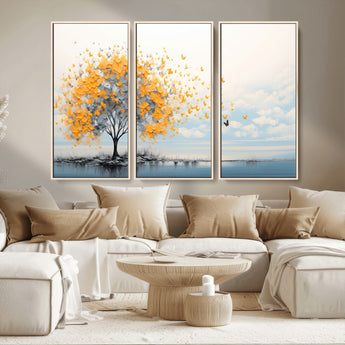 23385-MGV-CV-36X24-Golden Butterfly Tree Wall Art – Abstract Yellow and Gray Canvas Print, Modern Nature Artwork for Living Room, Bedroom or Office