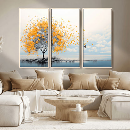 23385-MGV-CV-36X24-Golden Butterfly Tree Wall Art – Abstract Yellow and Gray Canvas Print, Modern Nature Artwork for Living Room, Bedroom or Office