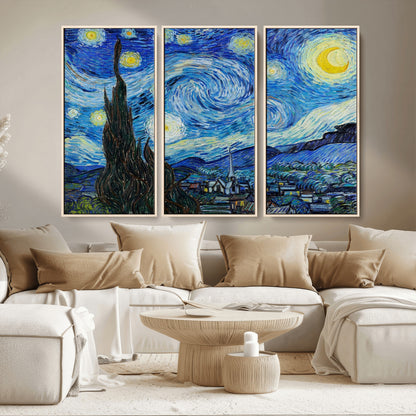 39177-MGV-FC-48X32-3P_Natural-Starry Night Wall Art – Vincent van Gogh Famous Painting Canvas Print, Timeless Starry Sky Decor for Living Room, Bedroom or