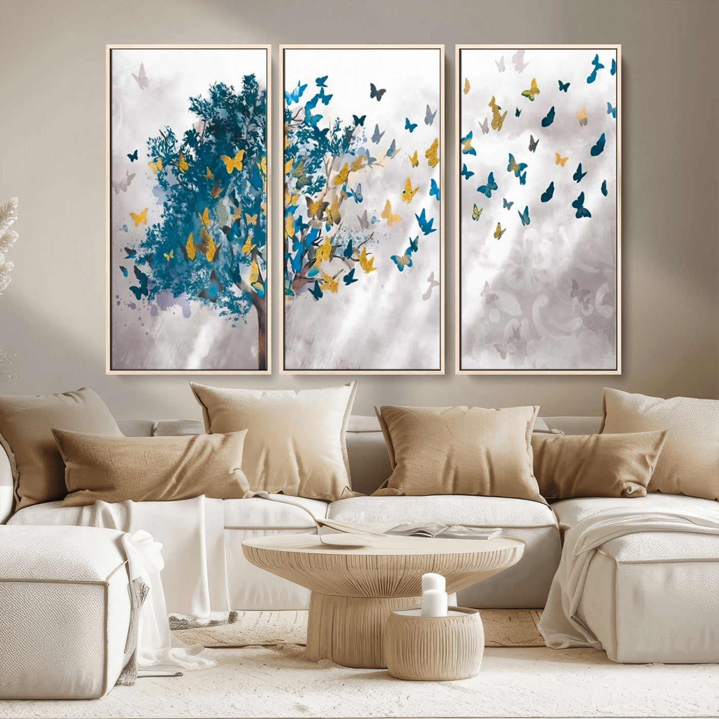 37564-MGV-FC-48X32-3P_Natural-Butterfly Tree Wall Art – Modern Nature Canvas Print with Blue and Golden Butterflies, Elegant Decorative Painting for Living Room