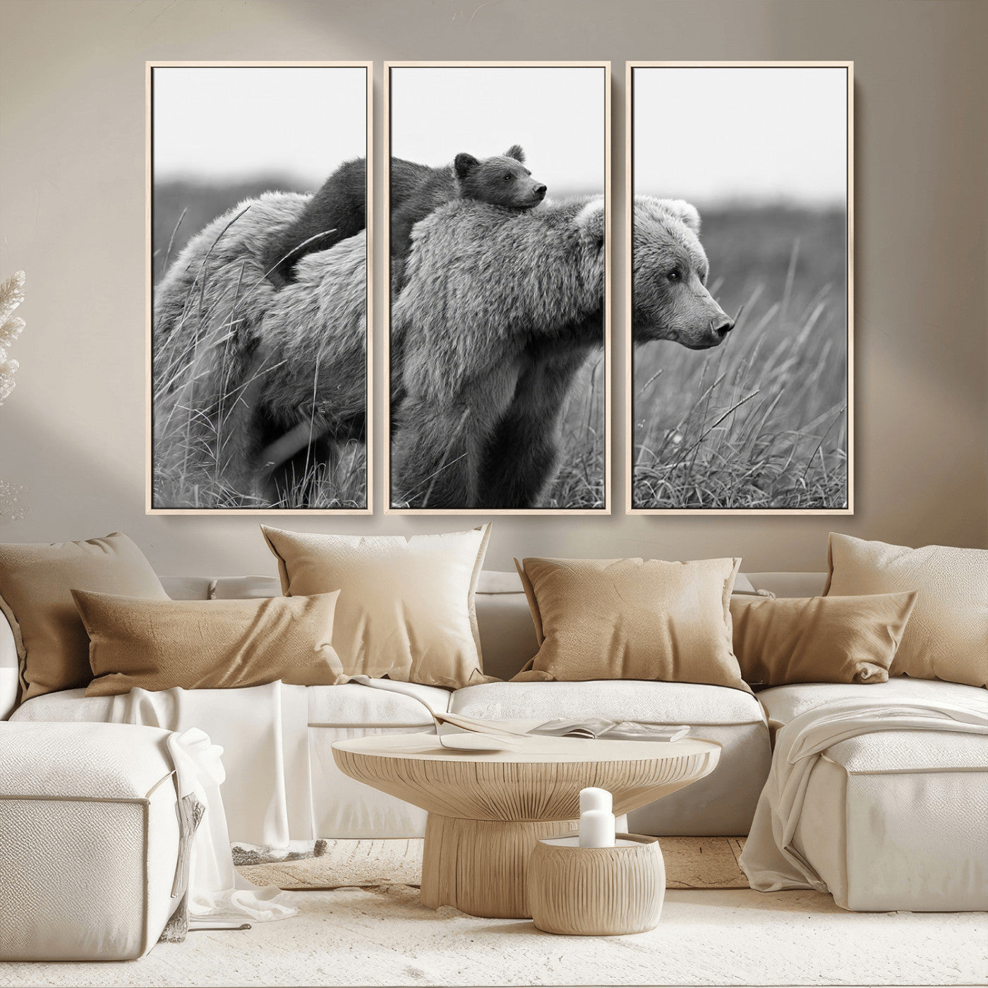 76338-MGV-CV-36X24-Mother Bear and Cub Wall Art – Black and White Wildlife Canvas Print, Rustic Nature Photography for Cabin, Living Room or Office