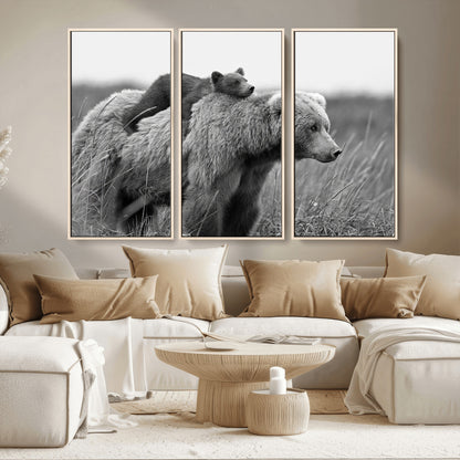 76338-MGV-CV-36X24-Mother Bear and Cub Wall Art – Black and White Wildlife Canvas Print, Rustic Nature Photography for Cabin, Living Room or Office