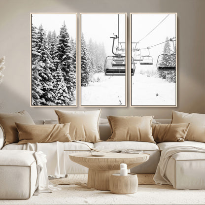 70609-MGV-CV-36X24-Snowy Ski Lift Wall Art – Black and White Winter Mountain Landscape Canvas Print, Rustic Lodge Decor for Cabin, Living Room or