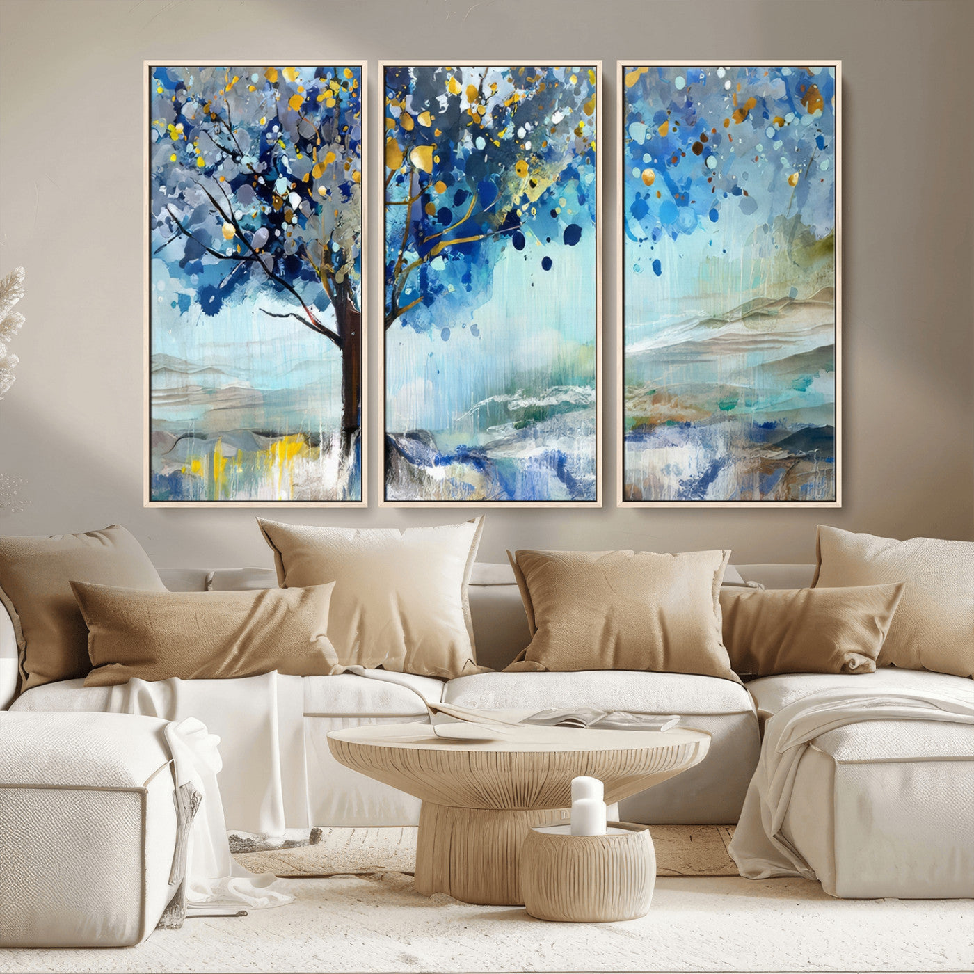 17018-MGV-CV-36X24-Abstract Blue Tree Wall Art – Colorful Canvas Painting with Gold and Silver Accents, Modern Nature Artwork for Living Room,