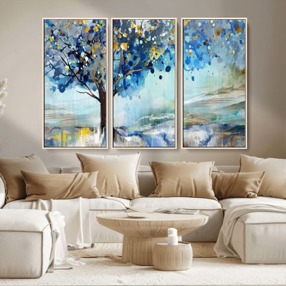 17018-MGV-CV-36X24-Abstract Blue Tree Wall Art – Colorful Canvas Painting with Gold and Silver Accents, Modern Nature Artwork for Living Room,
