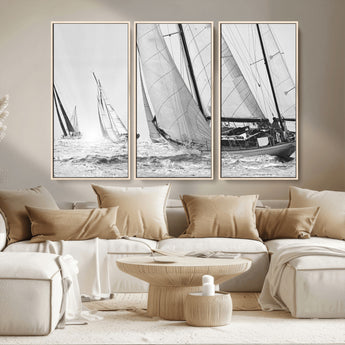 Boat-1-MGV-CV-36X24-Sailboat Racing Wall Art – Nautical Black and White Canvas Print, Ocean Adventure Decor for Office, Living Room or Bedroom