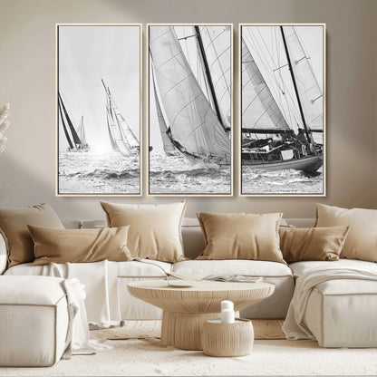 Boat-1-MGV-CV-36X24-Sailboat Racing Wall Art – Nautical Black and White Canvas Print, Ocean Adventure Decor for Office, Living Room or Bedroom