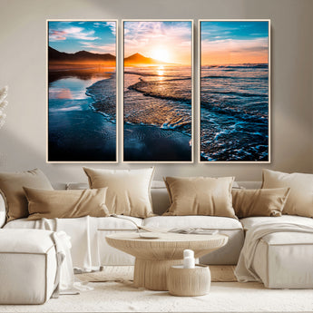 26494-MGV-CV-36X24-Ocean Sunset Wall Art – Scenic Beach Canvas Print with Waves and Mountains, Coastal Seascape Photography for Living Room, Bedroom