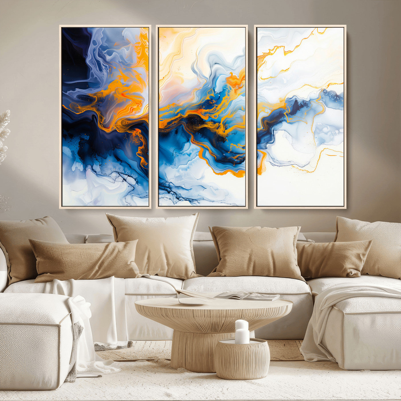 83720-MGV-CV-36X24-Abstract Fluid Wall Art – Blue, White and Gold Swirl Canvas Painting, Modern Contemporary Artwork for Living Room, Bedroom or