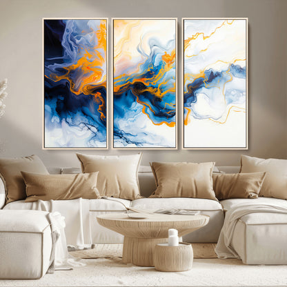83720-MGV-CV-36X24-Abstract Fluid Wall Art – Blue, White and Gold Swirl Canvas Painting, Modern Contemporary Artwork for Living Room, Bedroom or