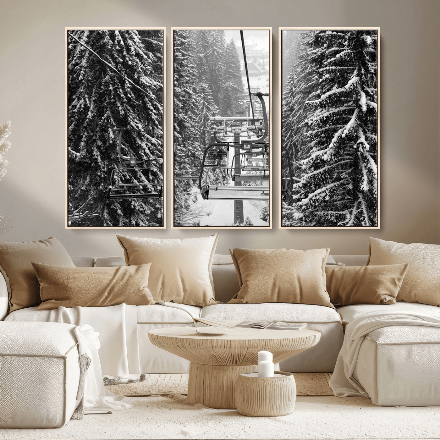 19240-MGV-CV-36X24-Ski Lift Wall Art – Black and White Winter Mountain Canvas Print, Snowy Forest Ski Resort Photography for Cabin, Lodge, Office or