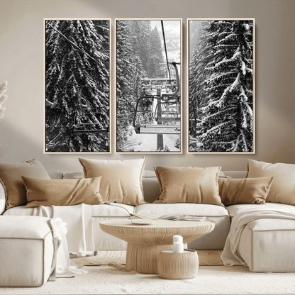 19240-MGV-CV-36X24-Ski Lift Wall Art – Black and White Winter Mountain Canvas Print, Snowy Forest Ski Resort Photography for Cabin, Lodge, Office or
