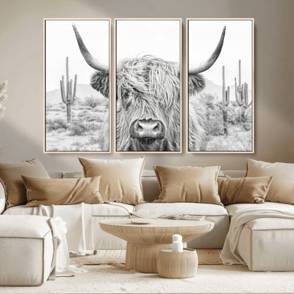 94579-MGV-CV-36X24-Highland Cow Wall Art – Black and White Longhorn Canvas Print, Rustic Western Farmhouse Animal Photography for Living Room,