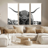 58188-MGV-CV-36X24-Highland Cow Wall Art – Black and White Rustic Farmhouse Canvas Print, Longhorn Cattle Photography Decor for Living Room or