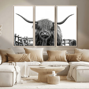 58188-MGV-CV-36X24-Highland Cow Wall Art – Black and White Rustic Farmhouse Canvas Print, Longhorn Cattle Photography Decor for Living Room or
