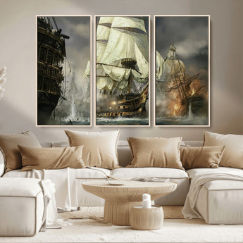 26512-MGV-CV-36X24-Naval Battle Wall Art – Dramatic Tall Ship Canvas Print, Historic Pirate Sailing War Scene, Nautical Decor for Office, Study or