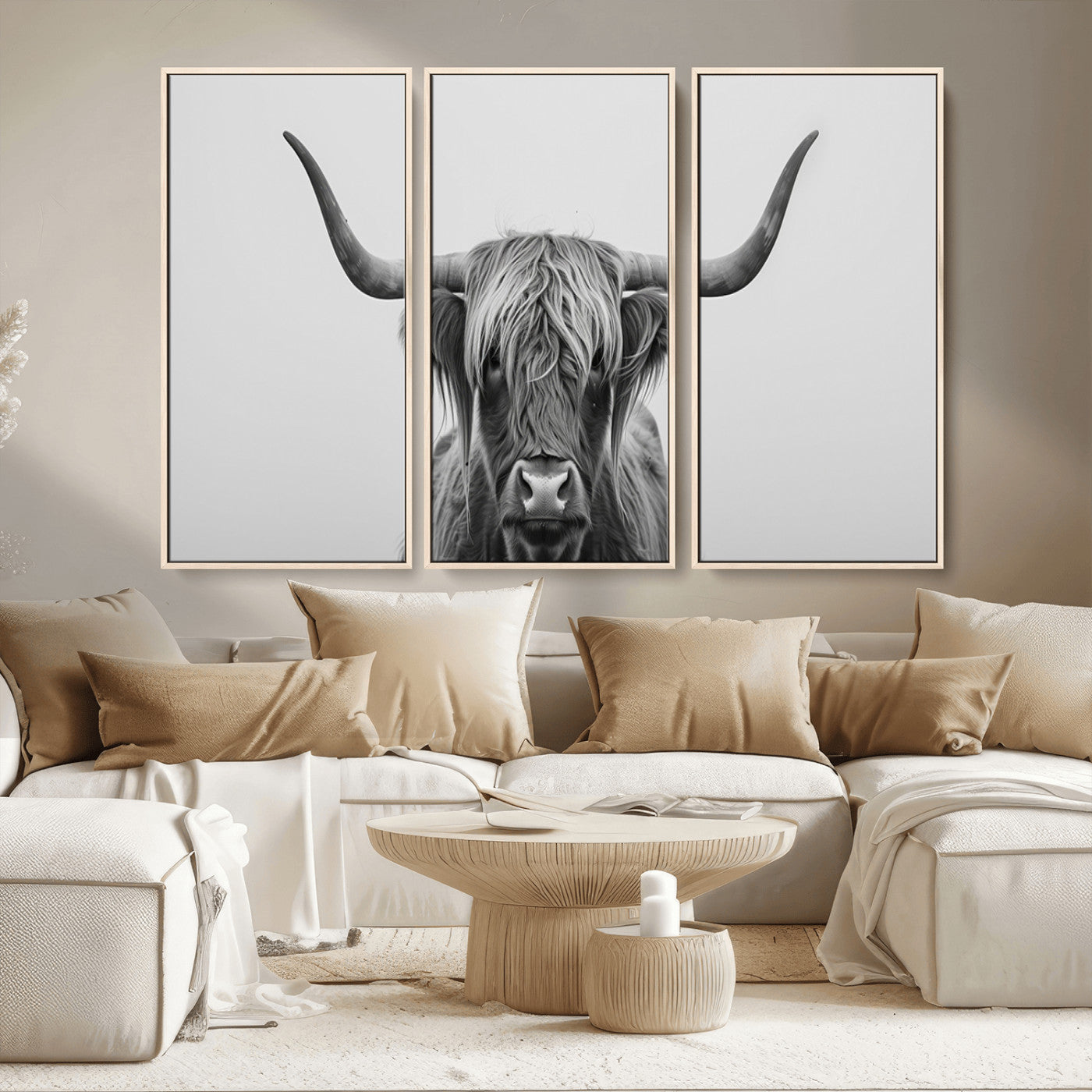 35820-MGV-CV-36X24-Minimalist Highland Cow Wall Art – Black and White Longhorn Cattle Canvas Print, Modern Farmhouse Animal Photography Decor for