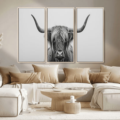 35820-MGV-CV-36X24-Minimalist Highland Cow Wall Art – Black and White Longhorn Cattle Canvas Print, Modern Farmhouse Animal Photography Decor for
