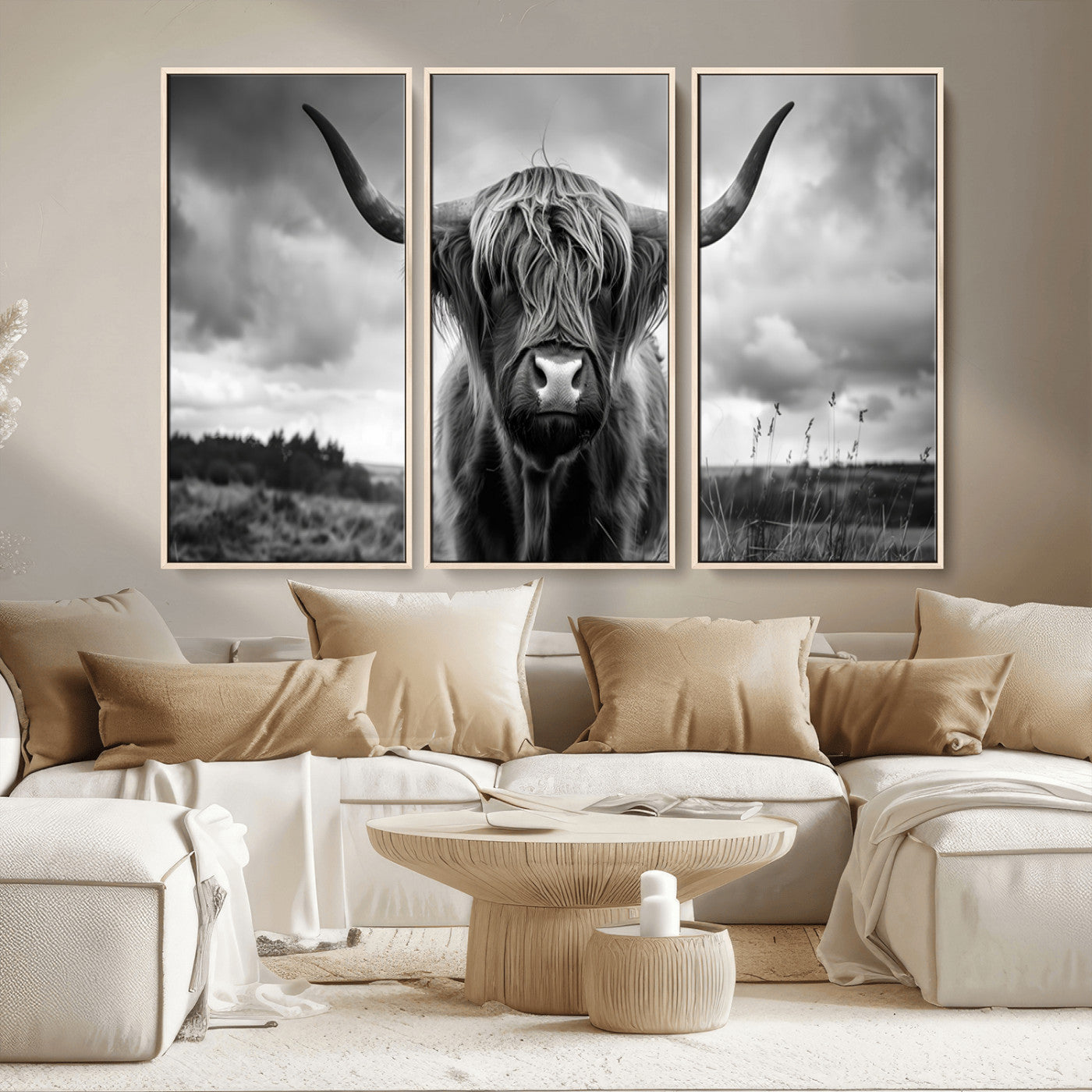 17924-MGV-CV-36X24-Highland Cow Wall Art – Black and White Rustic Longhorn Cattle Canvas Print, Farmhouse Animal Photography Decor for Country Home