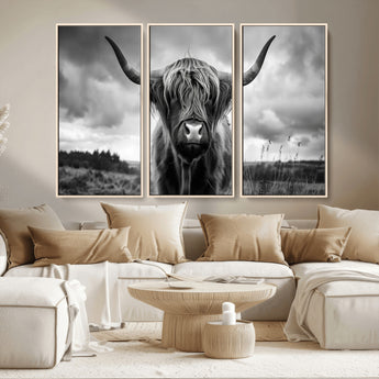 17924-MGV-CV-36X24-Highland Cow Wall Art – Black and White Rustic Longhorn Cattle Canvas Print, Farmhouse Animal Photography Decor for Country Home