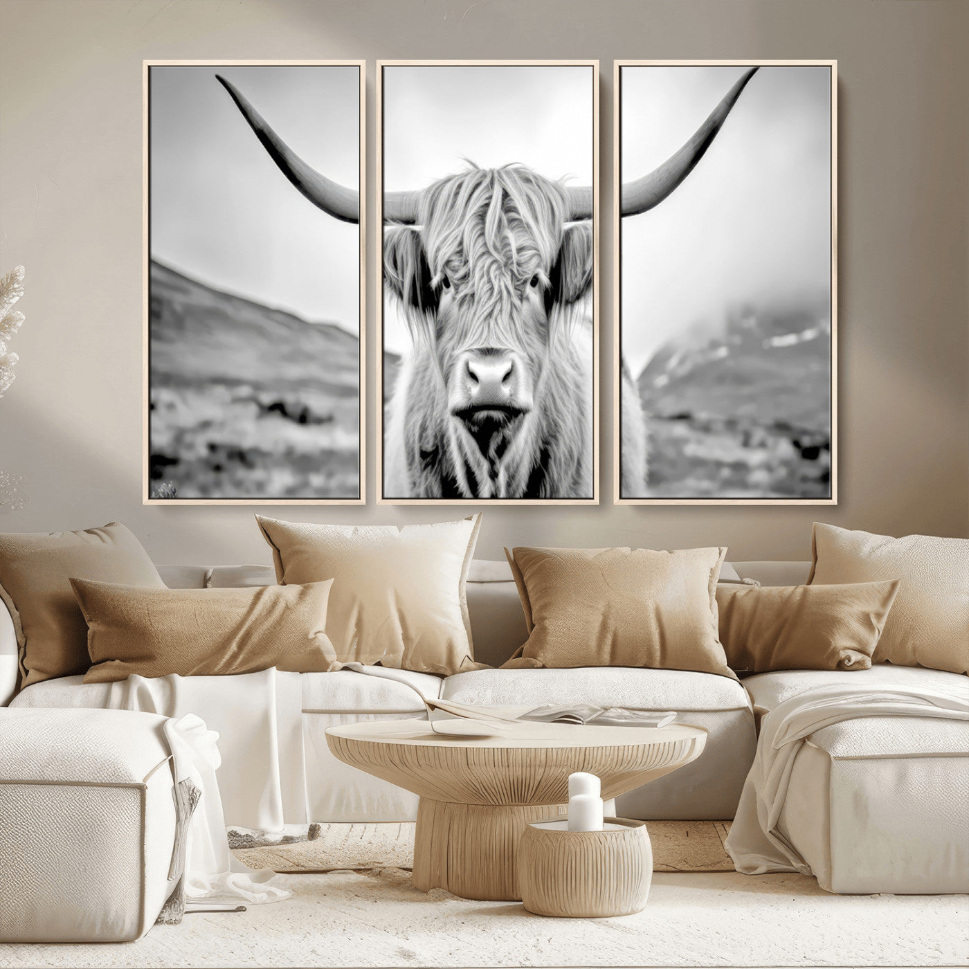 80564-MGV-CV-36X24-Highland Cow Wall Art – Black and White Scottish Highland Canvas Print, Rustic Farmhouse Decor for Living Room, Bedroom or Office