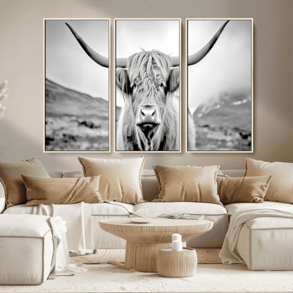 80564-MGV-CV-36X24-Highland Cow Wall Art – Black and White Scottish Highland Canvas Print, Rustic Farmhouse Decor for Living Room, Bedroom or Office
