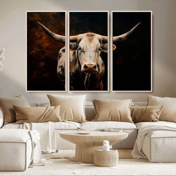 70522-MGV-CV-36X24-Longhorn Bull Wall Art – Striking Canvas Print of Majestic Bull, Premium Animal Decor for Home, Office, Man Cave, or Living Room