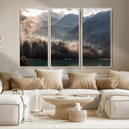 61116-MGV-CV-36X24-Misty Mountain Lake Wall Art – Tranquil Foggy Forest and Lake Canvas Print, Scenic Nature Landscape Decor for Living Room or