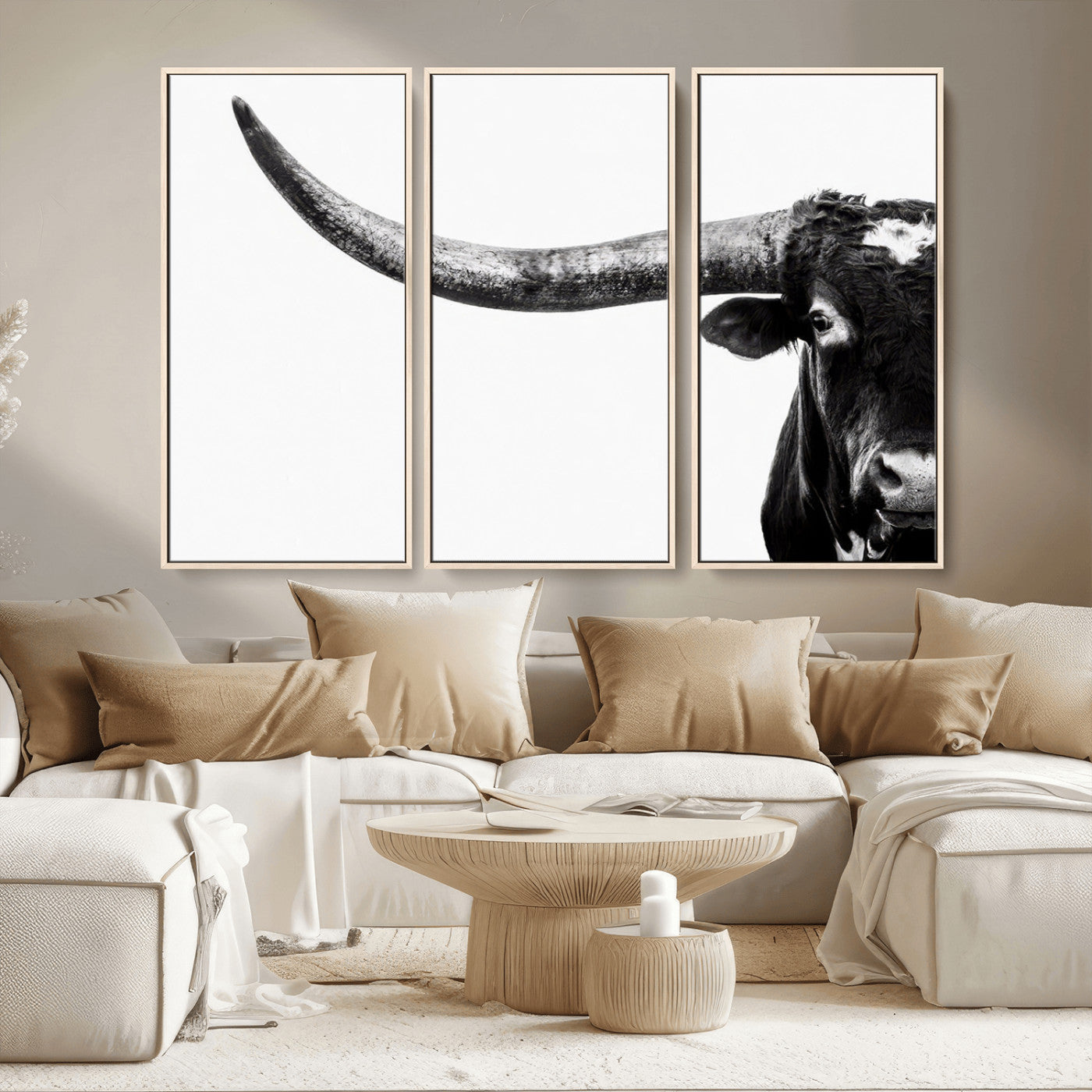31699-MGV-CV-36X24-Longhorn Wall Art – Black and White Texas Longhorn Cow Canvas Print, Rustic Western Farmhouse Artwork for Living Room, Bedroom or