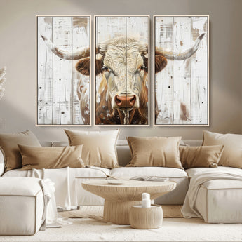 71551-MGV-CV-36X24-Longhorn Bull Wall Art – Rustic Western Cow Canvas Print, Farmhouse Animal Painting with Wood Plank Style for Living Room, Office