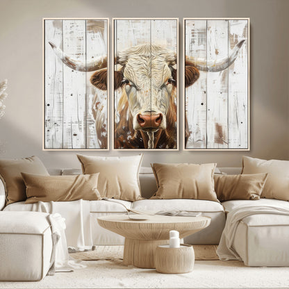 71551-MGV-CV-36X24-Longhorn Bull Wall Art – Rustic Western Cow Canvas Print, Farmhouse Animal Painting with Wood Plank Style for Living Room, Office