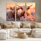68253-MGV-CV-36X24-Highland Cow Wall Art – Rustic Farmhouse Cattle Canvas Print, Frosty Sunset Animal Artwork for Living Room, Bedroom or Country