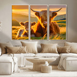 20567-MGV-CV-36X24-Highland Cow and Calf Wall Art – Rustic Farmhouse Sunset Cattle Canvas Print, Country Animal Artwork for Living Room, Bedroom, or