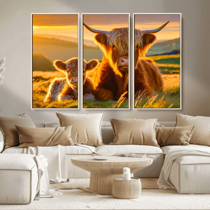20567-MGV-CV-36X24-Highland Cow and Calf Wall Art – Rustic Farmhouse Sunset Cattle Canvas Print, Country Animal Artwork for Living Room, Bedroom, or