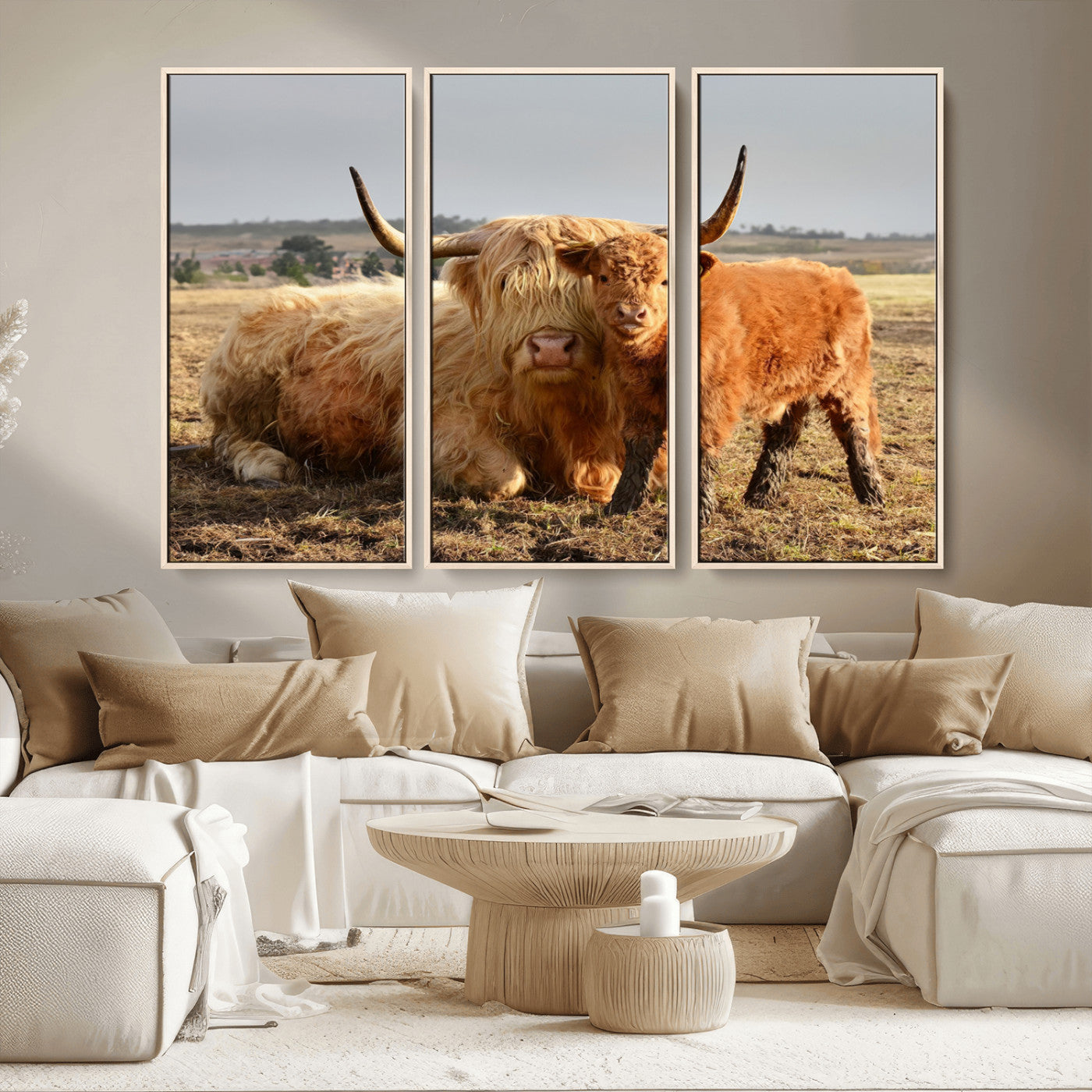 53461-MGV-CV-36X24-Highland Cow Family Wall Art – Rustic Farmhouse Animal Canvas Print, Country Decor for Living Room, Bedroom or Office, Calf and