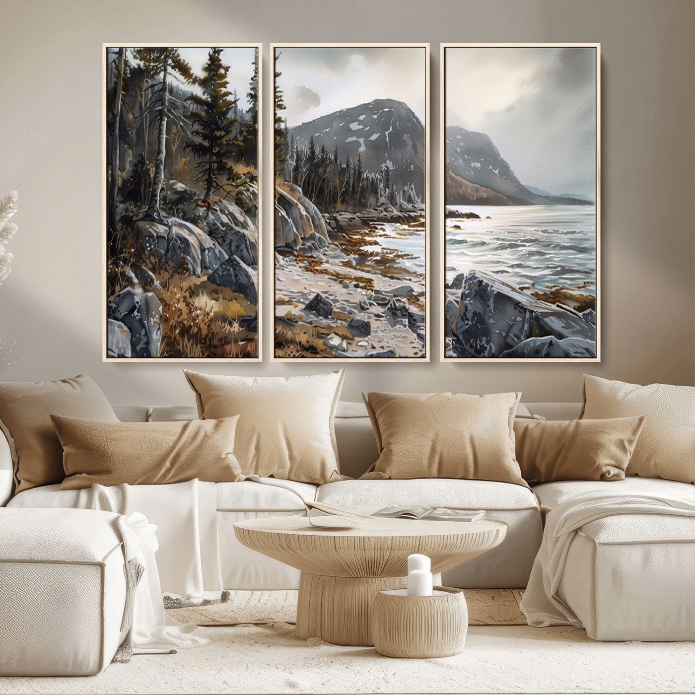 41281-MGV-CV-36X24-Rocky Shoreline Wall Art – Panoramic Mountain Coast and Forest Canvas Print, Rustic Nature Landscape Decor for Cabin, Lodge, or