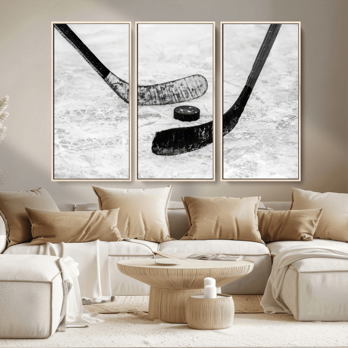 82900-MGV-CV-36X24-Hockey Wall Art – Black and White Canvas Print Ice Rink Sticks Puck Sports Photography, Modern Decor for Game Room, Man Cave,