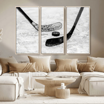 82900-MGV-CV-36X24-Hockey Wall Art – Black and White Canvas Print Ice Rink Sticks Puck Sports Photography, Modern Decor for Game Room, Man Cave,