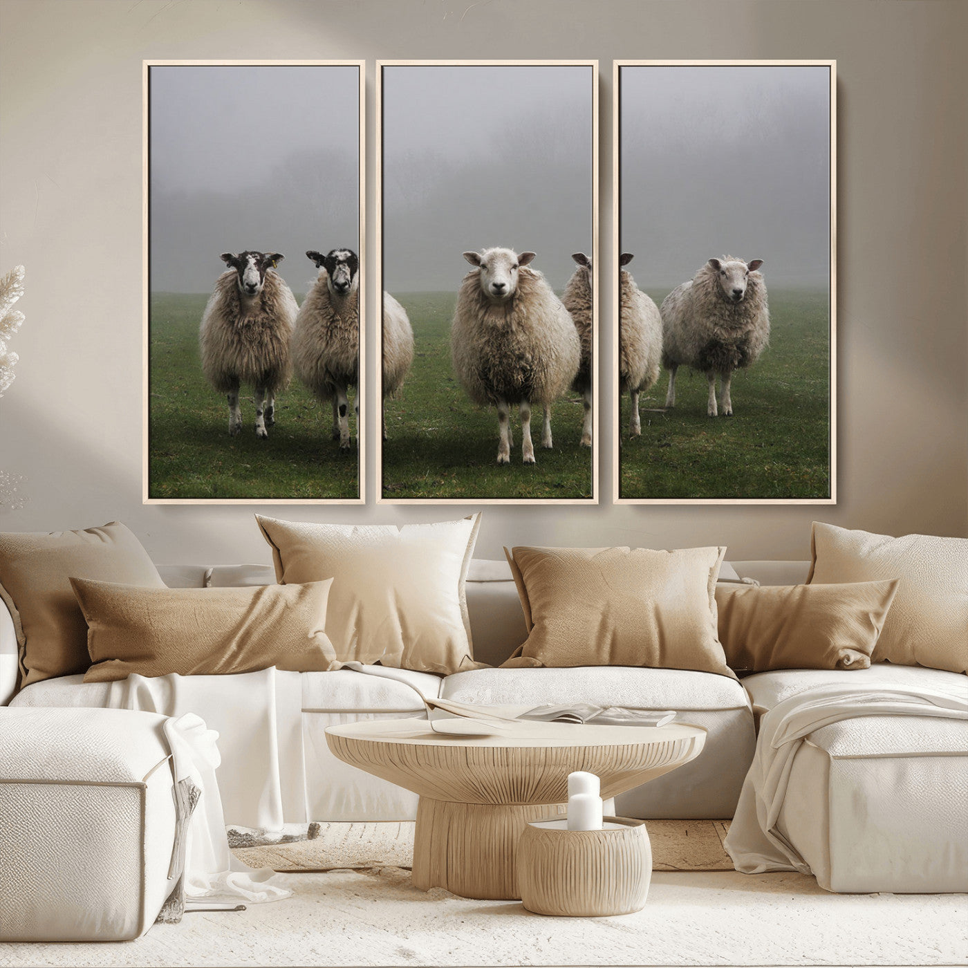 87339-MGV-CV-36X24-Sheep Wall Art – Rustic Farmhouse Canvas Print Flock Standing Misty Field Countryside Photography, Country Animal Decor for Living