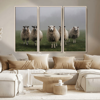 87339-MGV-CV-36X24-Sheep Wall Art – Rustic Farmhouse Canvas Print Flock Standing Misty Field Countryside Photography, Country Animal Decor for Living