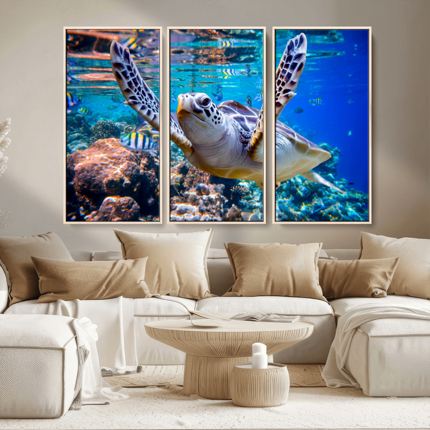 12683-MGV-CV-36X24-Sea Turtle Wall Art – Graceful Ocean Canvas Print with Coral Reef and Tropical Fish, Coastal Marine Life Decor for Beach House,