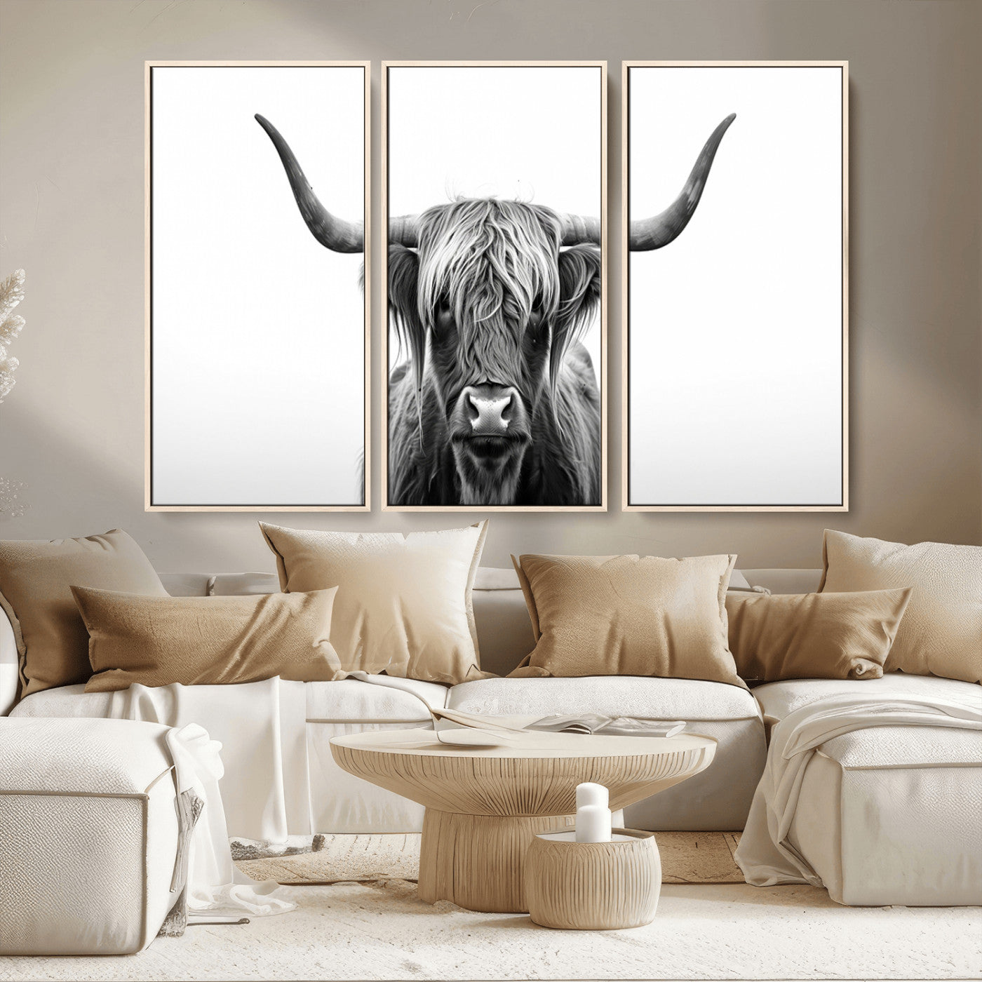 49556-MGV-CV-36X24-Highland Cow Wall Art – Black and White Scottish Highland Cattle Print, Rustic Farmhouse Minimalist Animal Portrait Canvas for