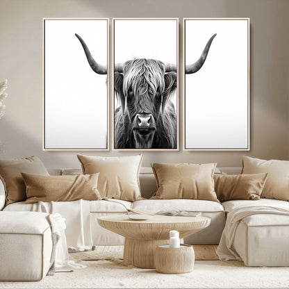 49556-MGV-CV-36X24-Highland Cow Wall Art – Black and White Scottish Highland Cattle Print, Rustic Farmhouse Minimalist Animal Portrait Canvas for